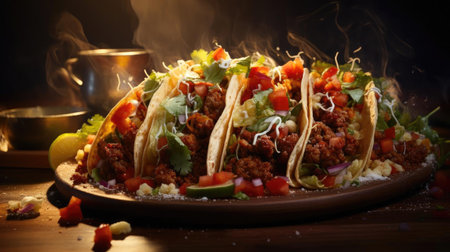 tacos filled with vegetables, meat and melted mayonnaise on a wooden table with blurred backgroundの素材
