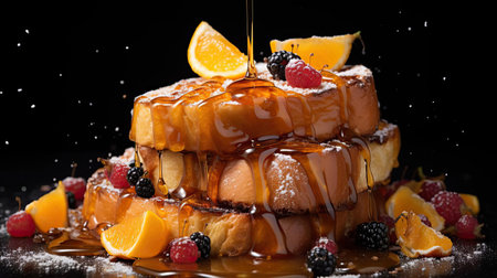 french toast with melted maple syrup and fruit topping on it, black background and blurの素材