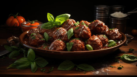 meatballs with melted tomato sauce on a bowl with a black background and blurの素材