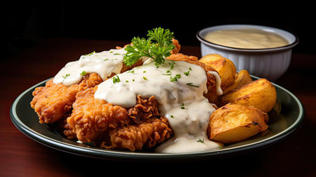 fried pork chops with melted mayonnaise on a plate, black background and blurの素材