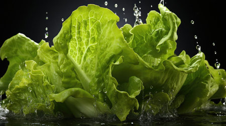 Fresh green lettuce splashed with water on a blurry black backgroundの素材