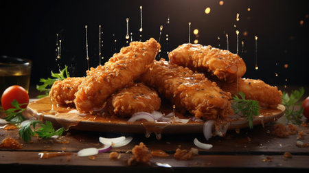 perfect view close up crispy chicken tenders with blur and background cinematicの素材