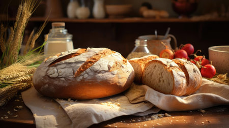fluffy bread sprinkled with white sugar on a wooden table with blurred backgroundの素材