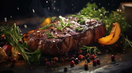 Grilled steak with melted barbeque sauce on a black and blurry backgroundの素材