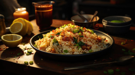 Fried rice with chopped vegetables and meat on a plate with a blurry backgroundの素材