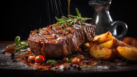 Grilled steak with melted barbeque sauce on a black and blurry backgroundの素材
