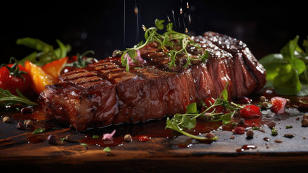 Grilled steak with melted barbeque sauce on a black and blurry backgroundの素材
