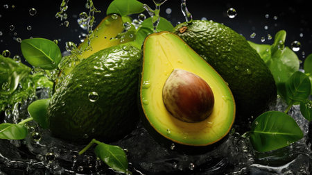 flying fresh avocado hit by splashes of water with black blur backgroundの素材