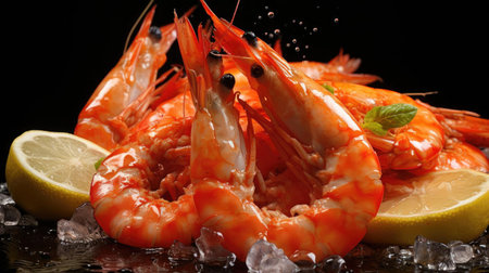 fresh shrimps on ice with lemon wedges, black background and blurの素材