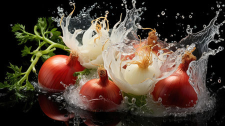 fresh onion splashed with water on black and blurred backgroundの素材