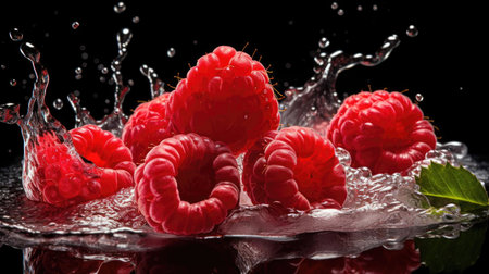 fresh red raspberries splashed with water on black and blurred backgroundの素材