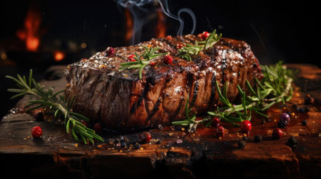 Grilled steak with melted barbeque sauce on a black and blurry backgroundの素材