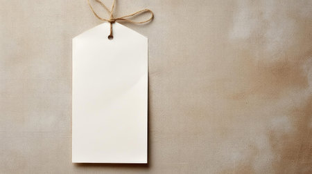 white blank tag with a rope for mockup on cream color backgroundの素材