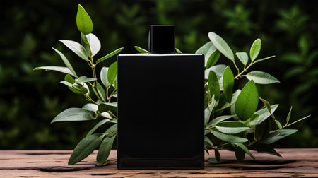 perfume bottle on wooden table with plant background for mockup designの素材