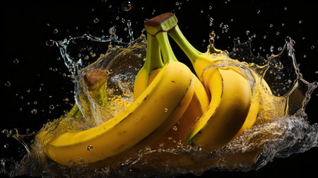 fresh banana hit by splashes of water with black blur backgroundの素材