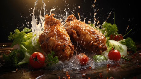 Crispy fried chicken with sweet and sour sauce on a wooden table with a blurred backgroundの素材