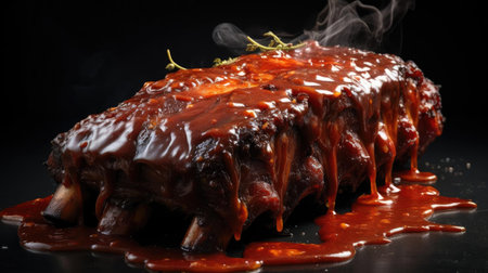 smoky barbeque ribs with barbeque sauce and chopped vegetables on a wooden tableの素材