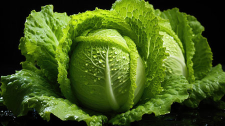 Fresh green lettuce splashed with water on a blurry black backgroundの素材