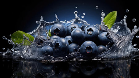 fresh blueberries splashed with water on black and blurry backgroundの素材