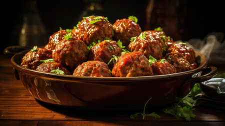 meatballs with melted tomato sauce on a bowl with a black background and blurの素材