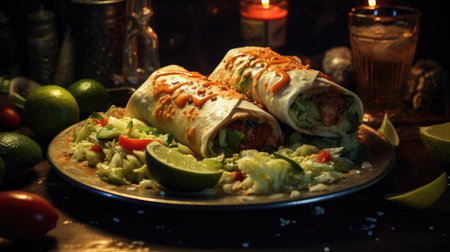 chimichanga full of vegetables, meat and mayonnaise prints on wooden table with blurred backgroundの素材