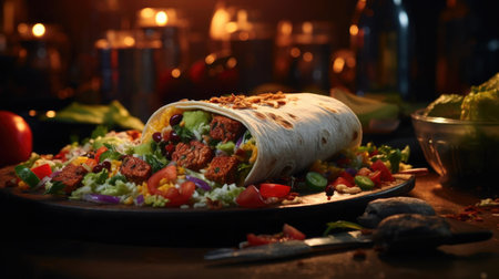 full of burritos with vegetables and meat on a wooden table with blurred backgroundの素材
