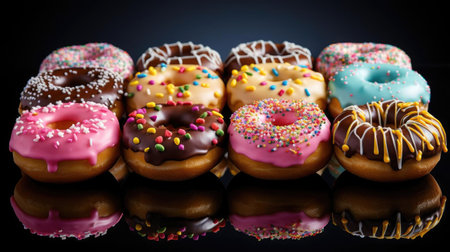 sweet donuts filled with melted chocolate and sprinkles with a blurred backgroundの素材