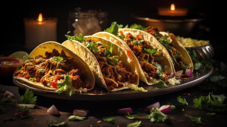 tacos filled with vegetables, meat and melted mayonnaise on a wooden table with blurred backgroundの素材