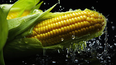 fresh corn exposed to water splash on black and blurry backgroundの素材
