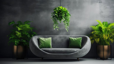 Modern living room interior with sofa and green leaf ornament and minimalist designの素材