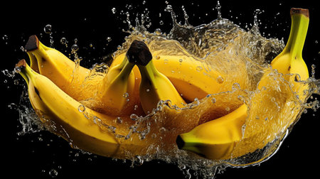 fresh banana hit by splashes of water with black blur backgroundの素材