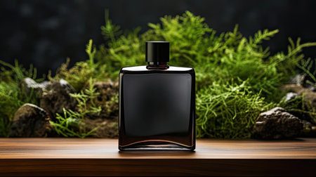 perfume bottle on wooden table with plant background for mockup designの素材