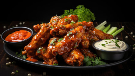 Buffalo wings with melted hot sauce on a wooden table with a blurred backgroundの素材