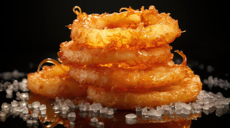 crispy onion rings with sweet sauce on wooden table with black and blur backgroundの素材