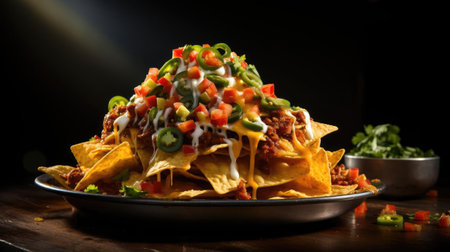 Nachos full of chunks of vegetables with with mayonnaise sauce on black blurred backgroundの素材