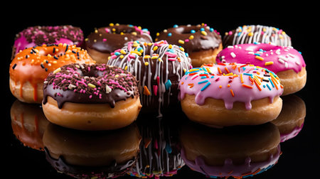 sweet donuts filled with melted chocolate and sprinkles with a blurred backgroundの素材
