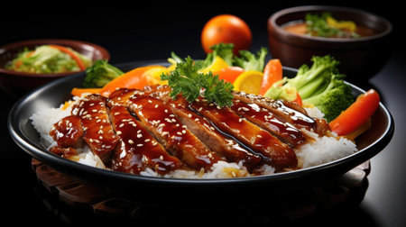 white rice with teriyaki beef and cut vegetables on a plate with black and blurry backgroundの素材