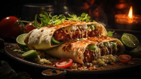 chimichanga full of vegetables, meat and mayonnaise prints on wooden table with blurred backgroundの素材