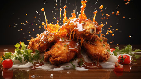 Crispy fried chicken with sweet and sour sauce on a wooden table with a blurred backgroundの素材