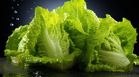 Fresh green lettuce splashed with water on a blurry black backgroundの素材