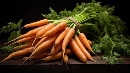 bunch of fresh carrots on a wooden table on a black backgroundの素材