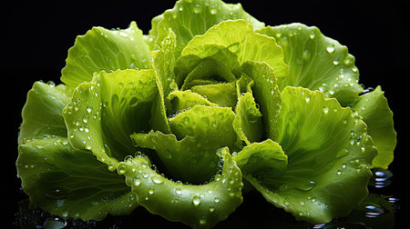 Fresh green lettuce splashed with water on a blurry black backgroundの素材
