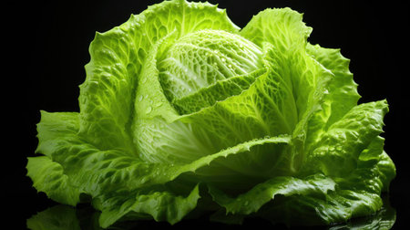 Fresh green lettuce splashed with water on a blurry black backgroundの素材