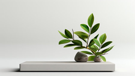 podium design for product display or product stand with leaf ornaments and minimalist backgroundの素材