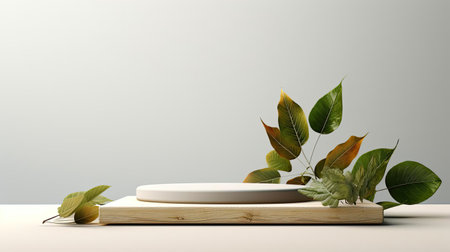 podium design for product display or product stand with leaf ornaments and minimalist backgroundの素材