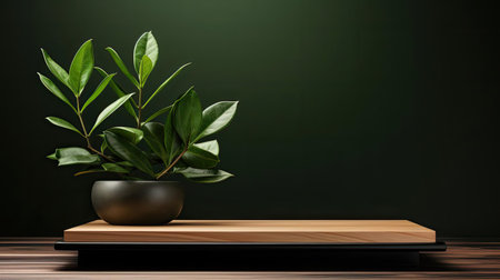 podium for product stand with plant background and cinematic light, front view, minimalist designの素材