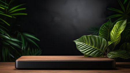 podium for product stand with plant background and cinematic light, front view, minimalist designの素材