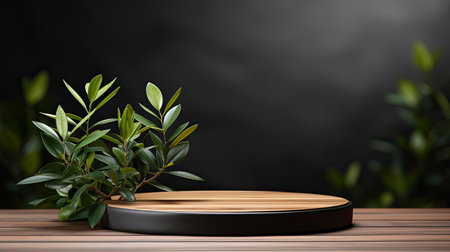 podium for product stand with plant background and cinematic light, front view, minimalist designの素材
