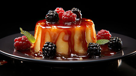 sweet pudding with fruit topping and melted sweet syrup on a wooden table with blurry backgroundの素材