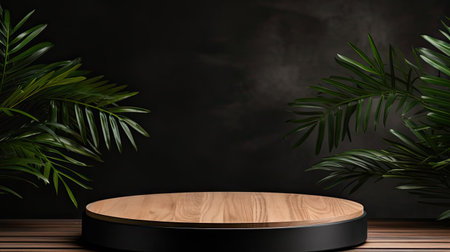 podium for product stand with plant background and cinematic light, front view, minimalist designの素材